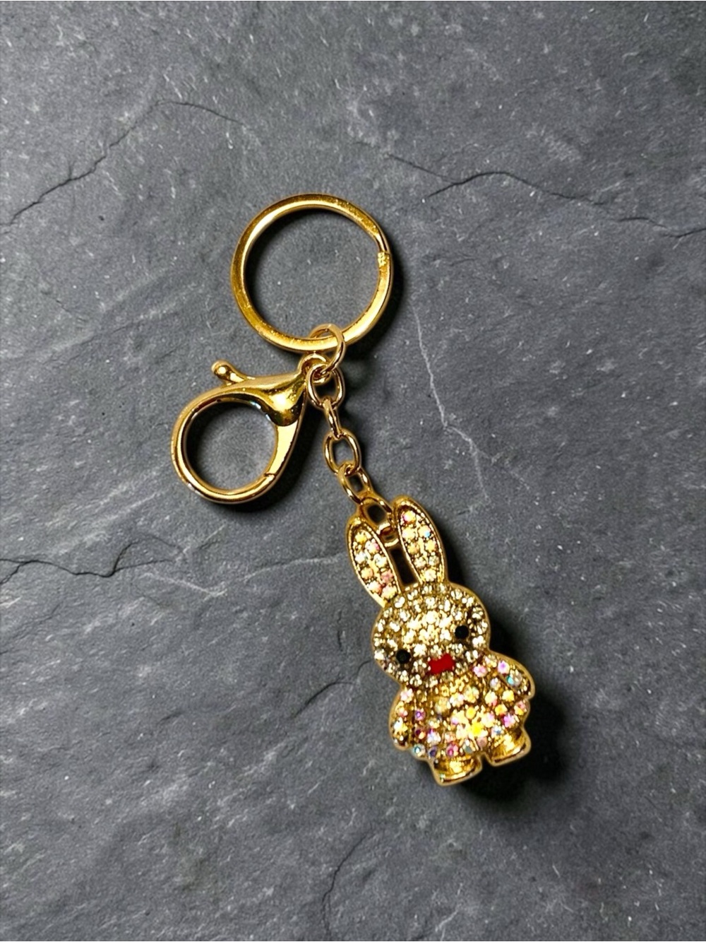 Mint Gold Bunny Rabbit Keychain with Iridescent and Clear Crystals